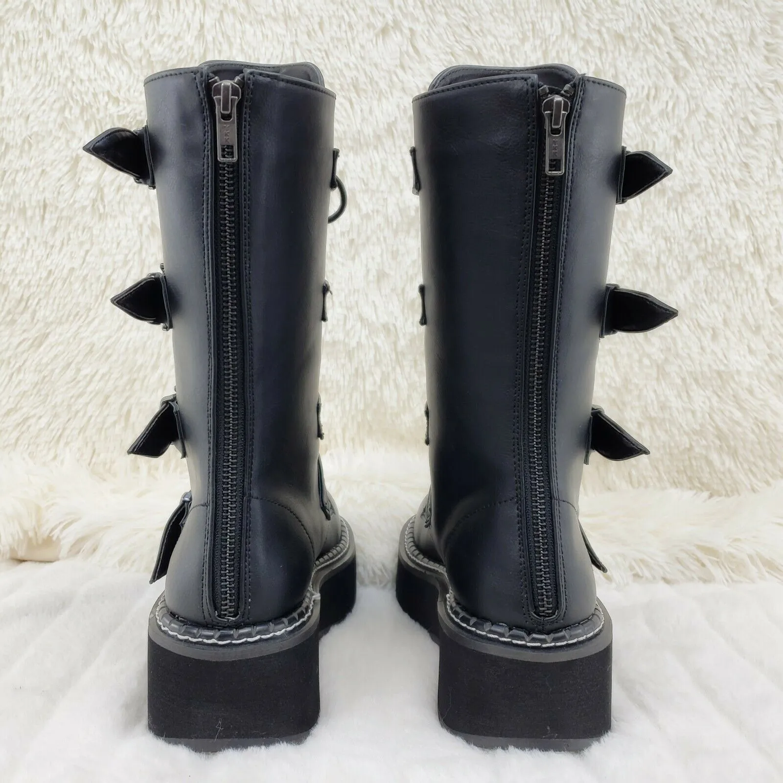 Emily 322 Black Matte 2" Platform Bat Buckle Combat Goth Boots In House