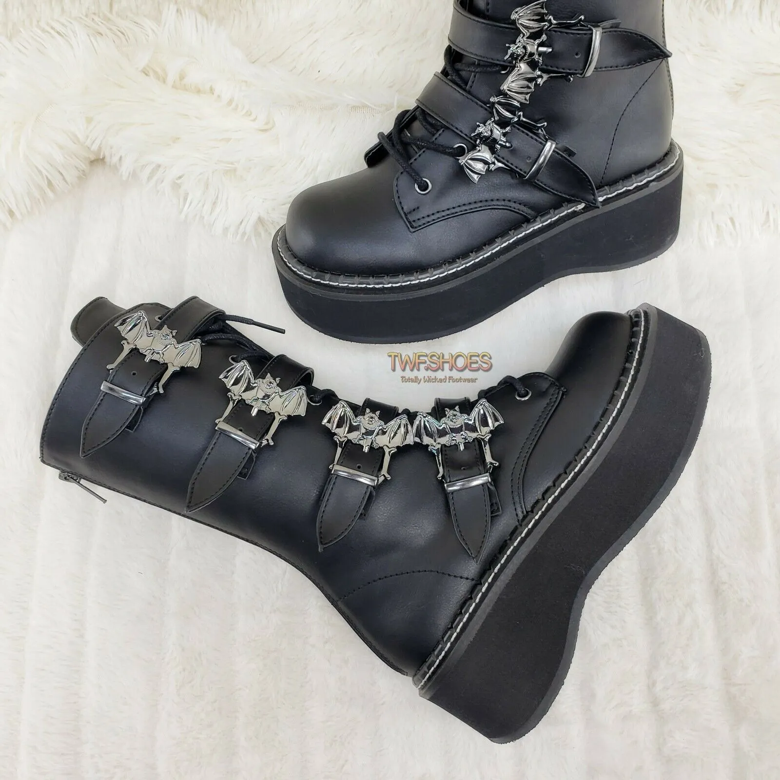 Emily 322 Black Matte 2" Platform Bat Buckle Combat Goth Boots In House