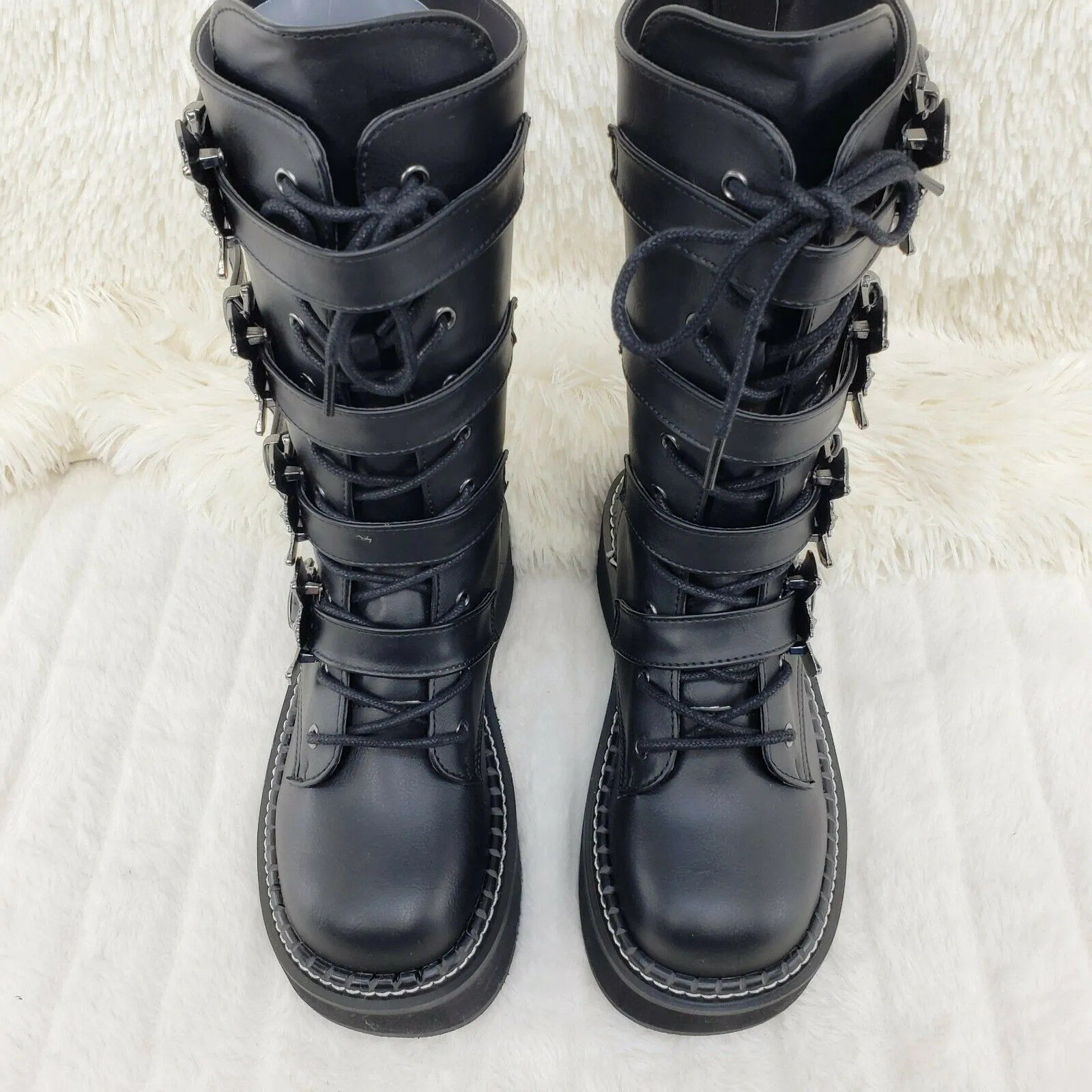 Emily 322 Black Matte 2" Platform Bat Buckle Combat Goth Boots In House