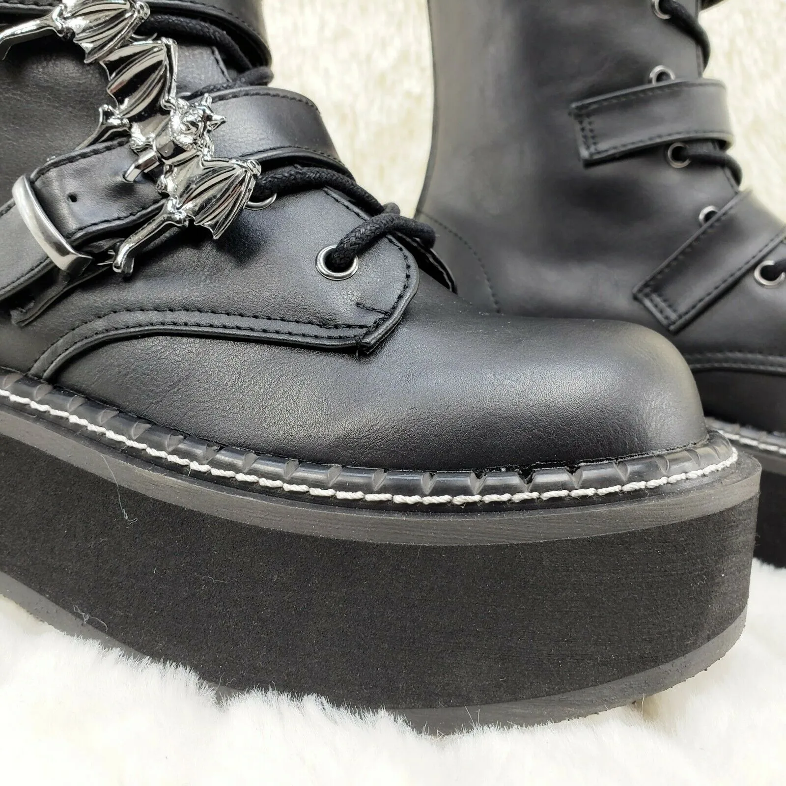 Emily 322 Black Matte 2" Platform Bat Buckle Combat Goth Boots In House