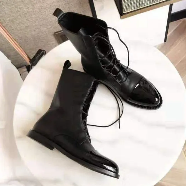 England style black PU lace-up  mid calf combat boots
