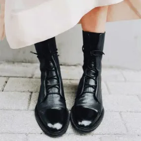 England style black PU lace-up  mid calf combat boots