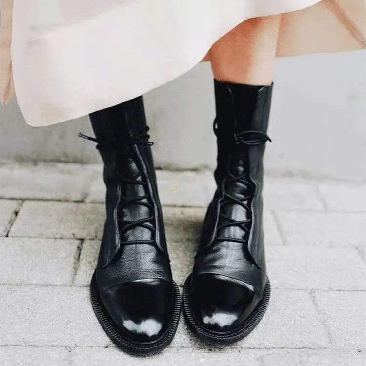 England style black PU lace-up  mid calf combat boots