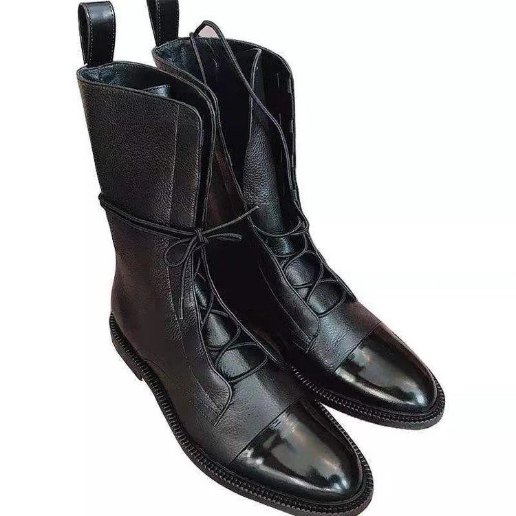 England style black PU lace-up  mid calf combat boots