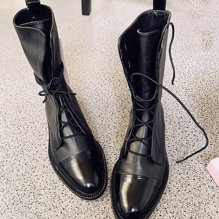 England style black PU lace-up  mid calf combat boots