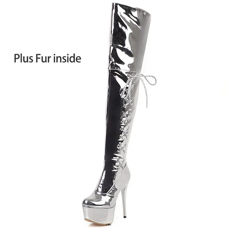 Extremely High Stiletto Shiny Silver Women Thigh High Boots