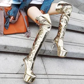 Extremely High Stiletto Shiny Silver Women Thigh High Boots