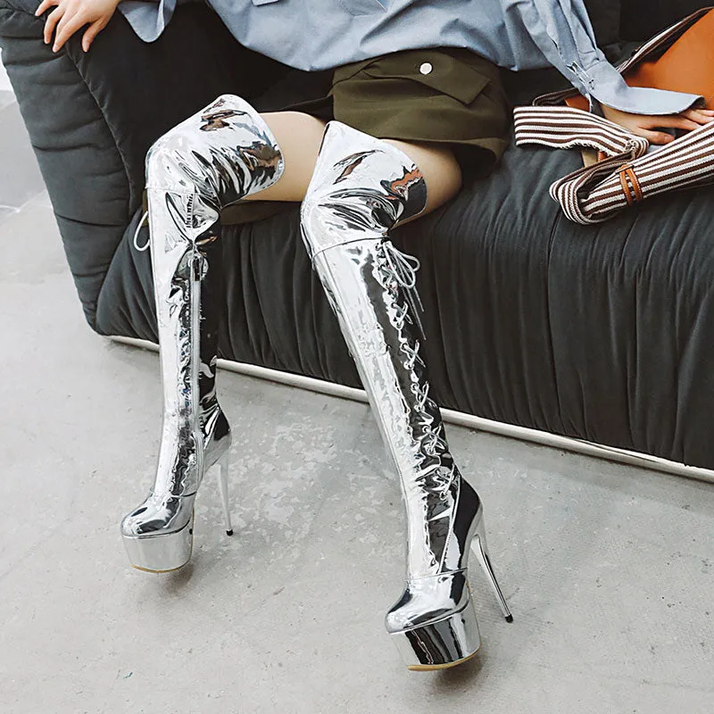 Extremely High Stiletto Shiny Silver Women Thigh High Boots