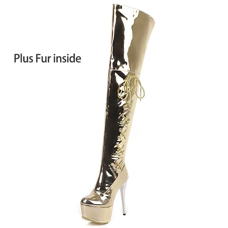 Extremely High Stiletto Shiny Silver Women Thigh High Boots