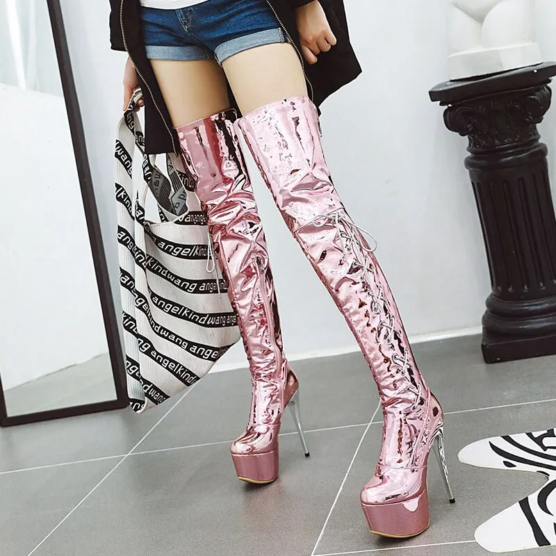 Extremely High Stiletto Shiny Silver Women Thigh High Boots