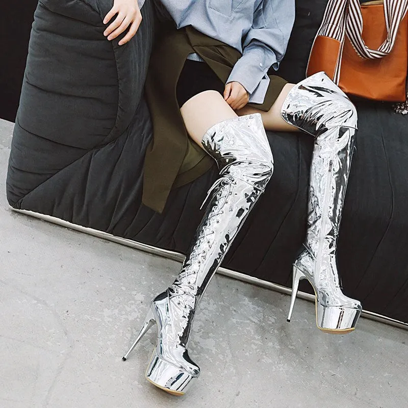 Extremely High Stiletto Shiny Silver Women Thigh High Boots