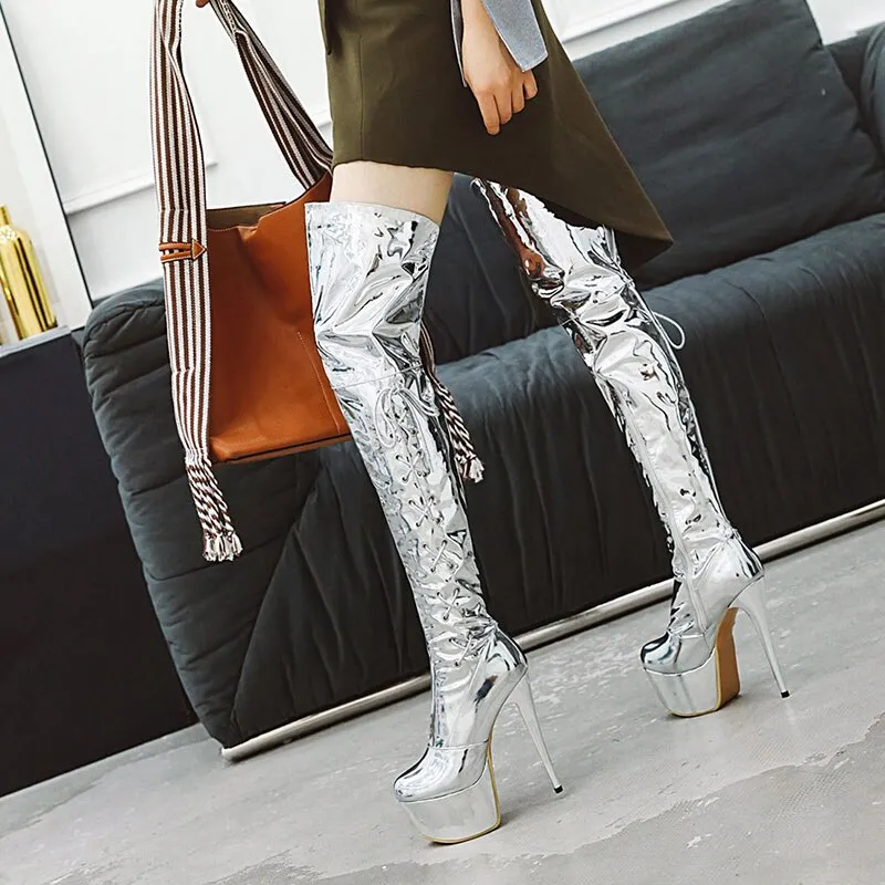 Extremely High Stiletto Shiny Silver Women Thigh High Boots