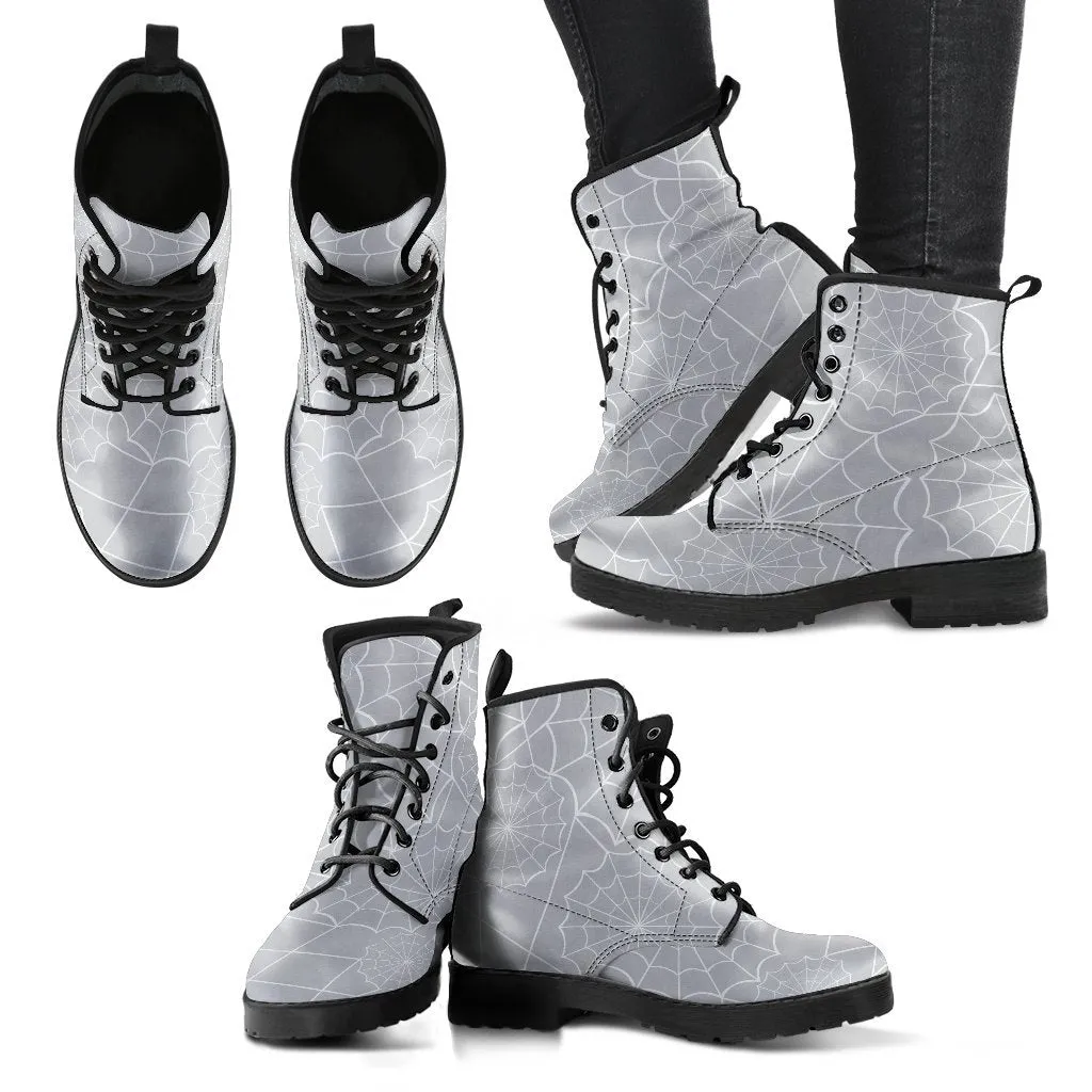 Gray Combat Boots - Spiderweb Boots | Goth Boots, Gothic Boots, Handmade Lace Up Boots, Vegan Leather Lace Up Boots Women