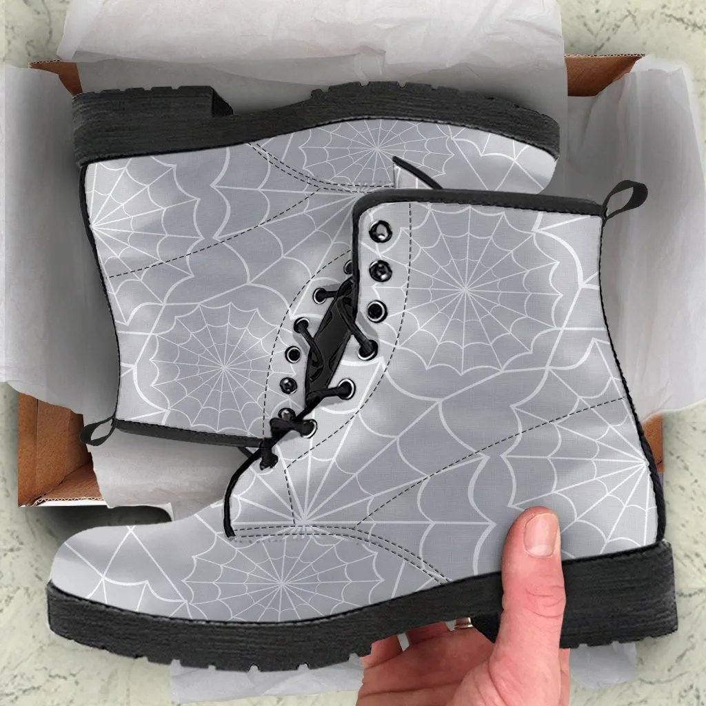 Gray Combat Boots - Spiderweb Boots | Goth Boots, Gothic Boots, Handmade Lace Up Boots, Vegan Leather Lace Up Boots Women