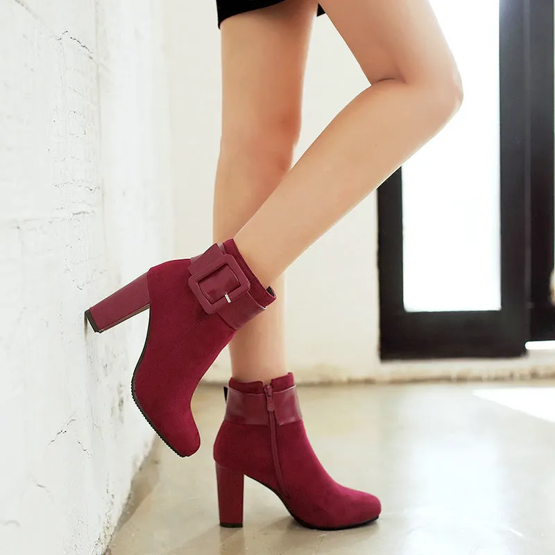 Large buckle decor chunky heels booties with side zipper
