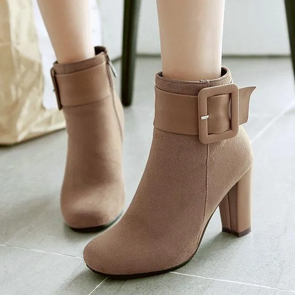 Large buckle decor chunky heels booties with side zipper