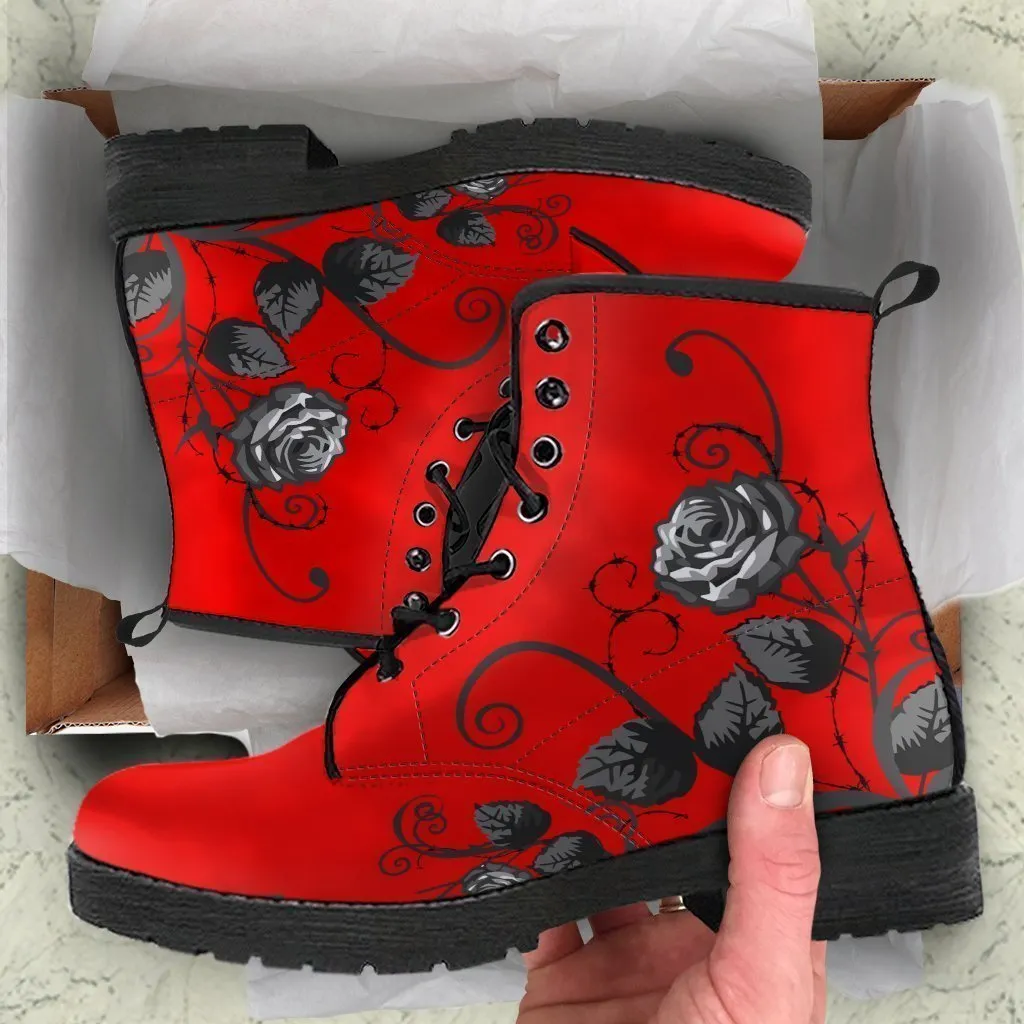 Red Combat Boots - Black Roses | Red Boots, Boho Shoes, Handmade Lace Up Boots, Vegan Leather Lace Up Boots Women, 90s Boots