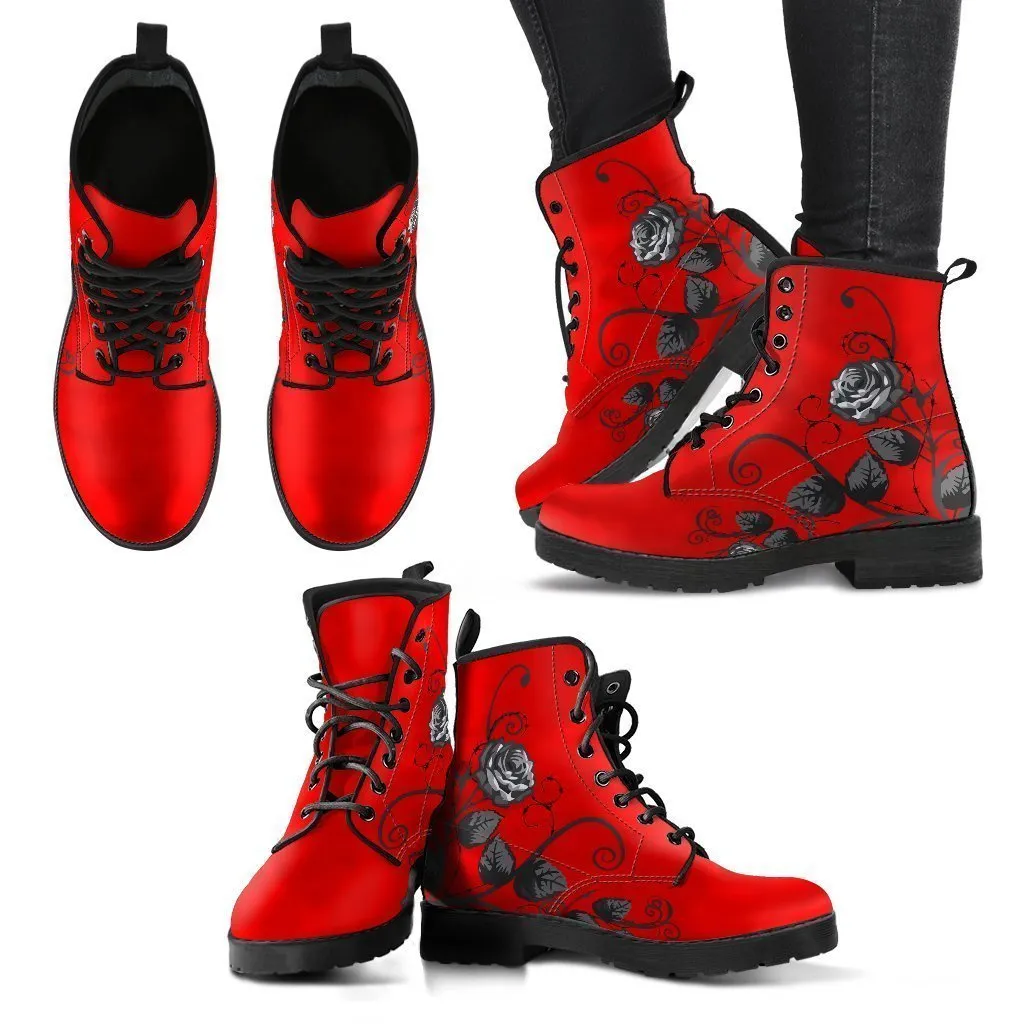 Red Combat Boots - Black Roses | Red Boots, Boho Shoes, Handmade Lace Up Boots, Vegan Leather Lace Up Boots Women, 90s Boots