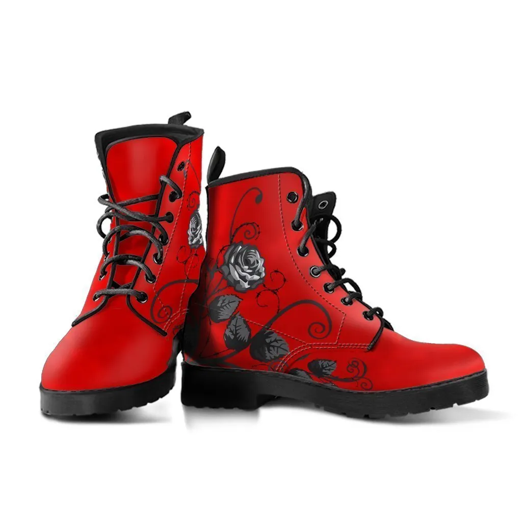 Red Combat Boots - Black Roses | Red Boots, Boho Shoes, Handmade Lace Up Boots, Vegan Leather Lace Up Boots Women, 90s Boots