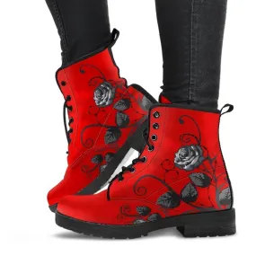 Red Combat Boots - Black Roses | Red Boots, Boho Shoes, Handmade Lace Up Boots, Vegan Leather Lace Up Boots Women, 90s Boots
