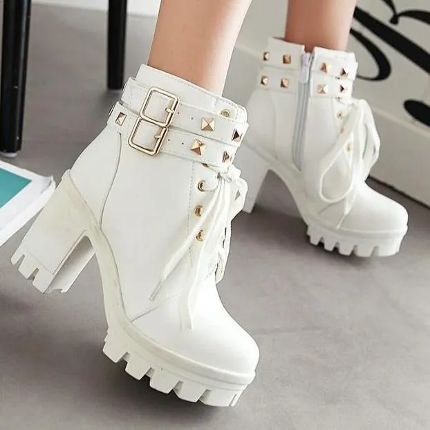 Rivets block heels combat booties