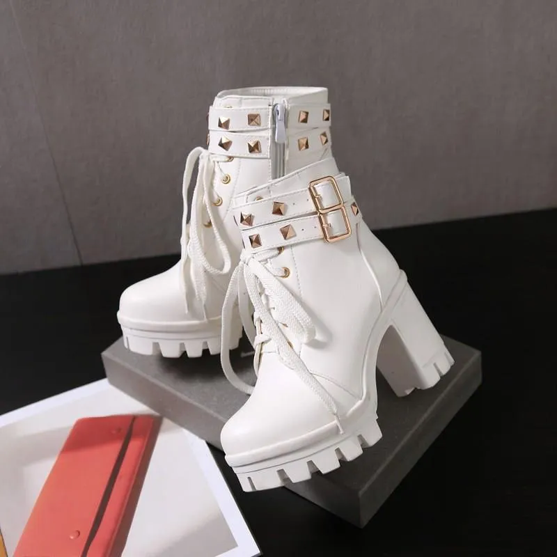 Rivets block heels combat booties