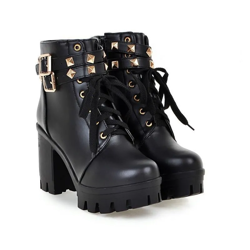 Rivets block heels combat booties