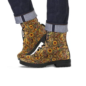 Sunflower Print on Demand Artwork Women's Fur Trimmed Combat Style Boots