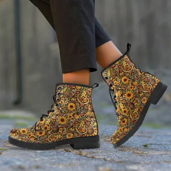 Sunflower Print on Demand Artwork Women's Fur Trimmed Combat Style Boots