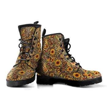 Sunflower Print on Demand Artwork Women's Fur Trimmed Combat Style Boots