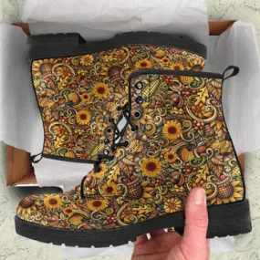 Sunflower Print on Demand Artwork Women's Fur Trimmed Combat Style Boots