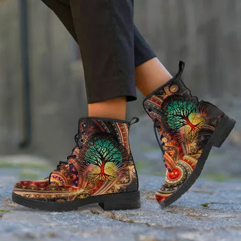 Tree of Life Print on Demand Artwork Women's Fur Trimmed Combat Style Boots