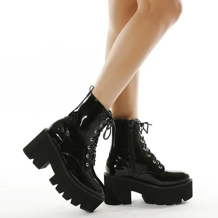 Women's black thick platform combat boots zipper front lace punk boots