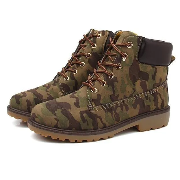 Women's lace up low heel work combat boots ankle booties