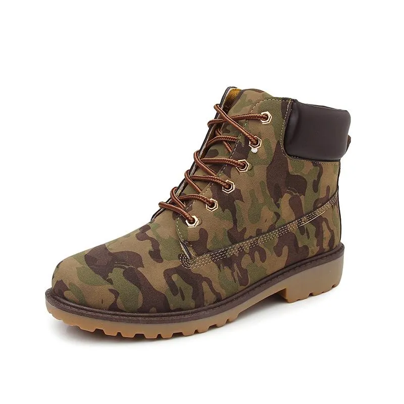 Women's lace up low heel work combat boots ankle booties
