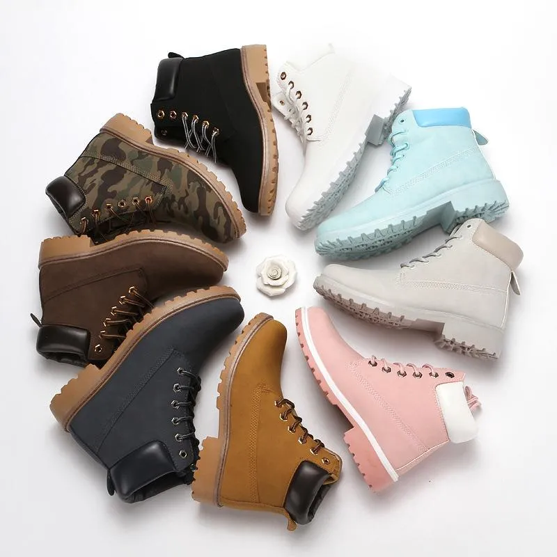 Women's lace up low heel work combat boots ankle booties