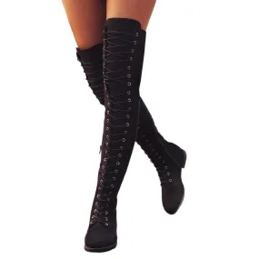 Women's thigh high combat boots | Flat lace-up over the knee boots