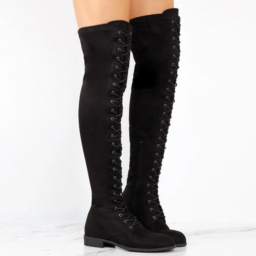 Women's thigh high combat boots | Flat lace-up over the knee boots