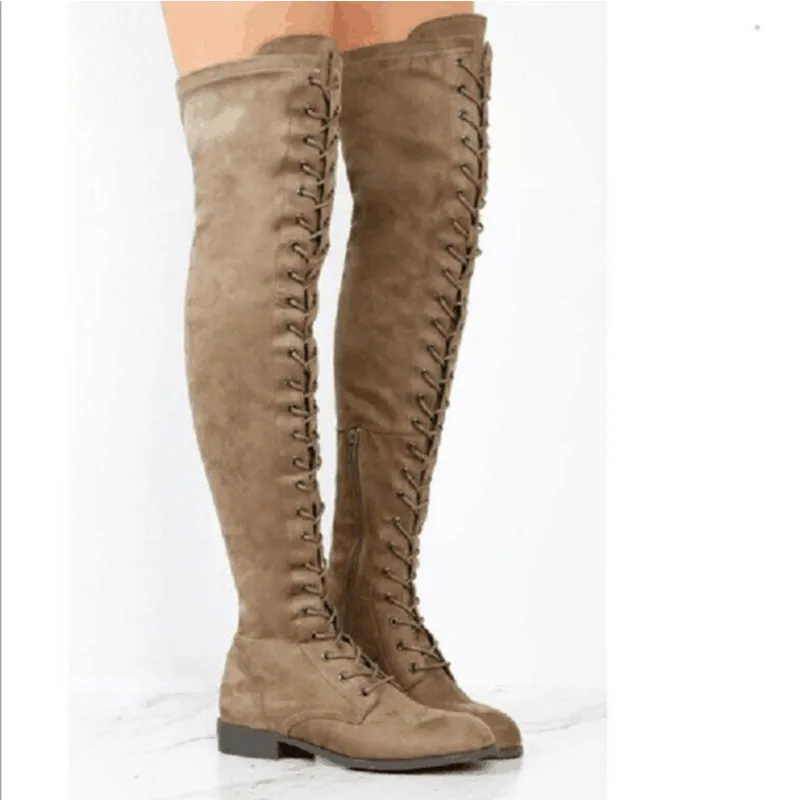 Women's thigh high combat boots | Flat lace-up over the knee boots